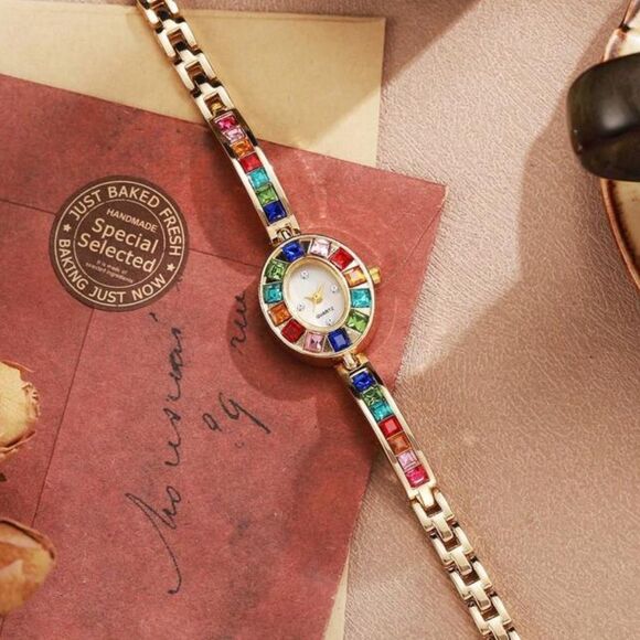 SALE 18k Gold Filled Crystal Quartz Rainbow Color Block Wrist Watch - Picture 4 of 8